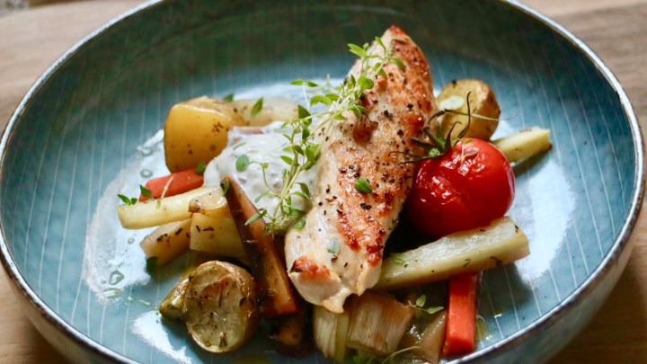 Roasted chicken with root vegetables