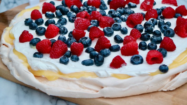 Pavlova with raspberry and blueberry