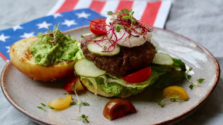 4th of July Burger with goat cheese, pickled cucumbers and pea pesto