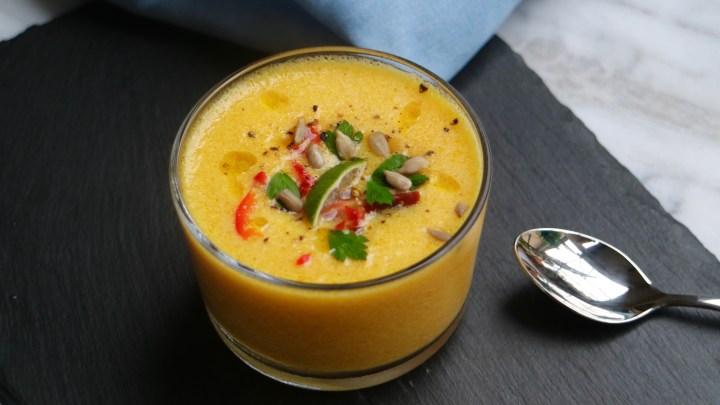 Yellow Gazpacho with peaches, turmeric and sunflower seeds