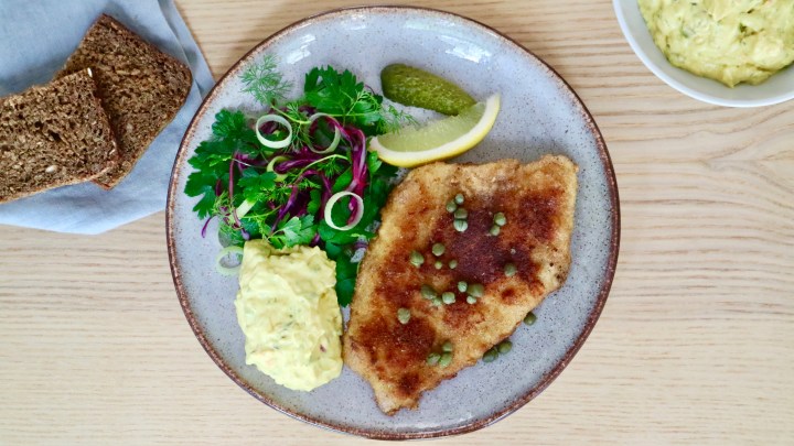 Fried cod with Danish remoulade sauce, capers and lemon