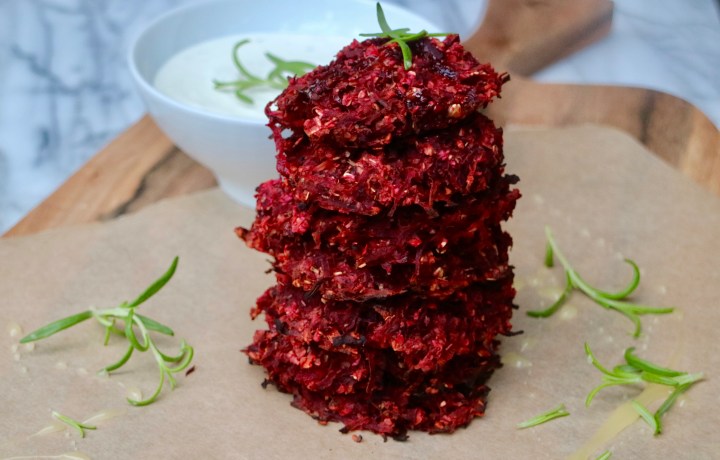 Red beet burgers with goat cheese cream