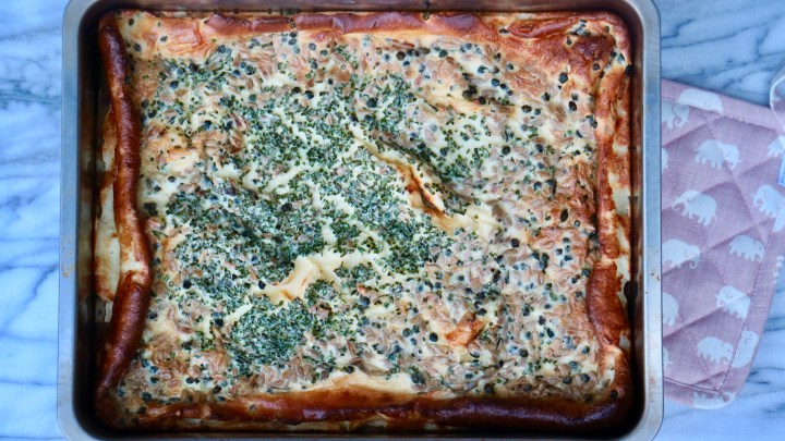 Oven baked pancake (Ugnspannkaka) with capers and chives