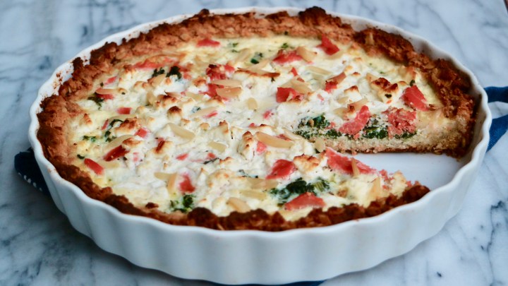 Gluten free quiche with salmon, kale and feta cheese