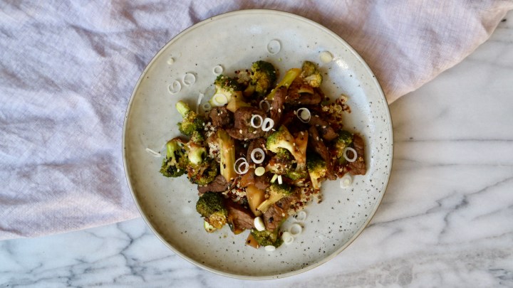 Broccoli and beef salad with soy, sesame and ginger