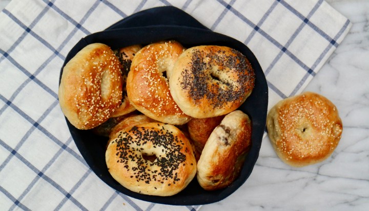 Bagels with cinnamon raisins, sesame and poppy seeds