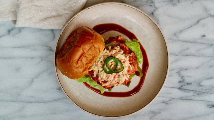 Pulled wild salmon with homemade bbq sauce and fennel coleslaw