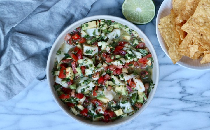 Ceviche with grouper, tomatoes, cucumber, avocado and lime