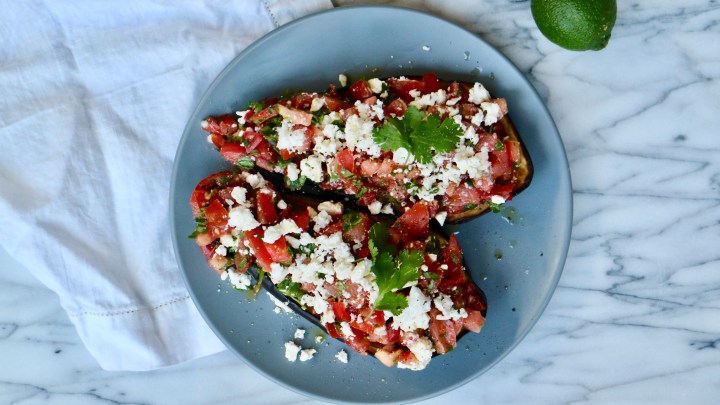 Baked eggplants with tomato salsa and Feta cheese