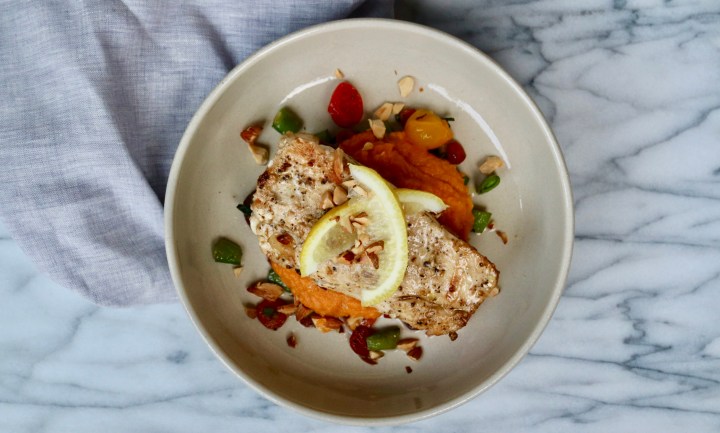 Grilled Cobia with mashed sweet potato, bean salad and roasted almonds