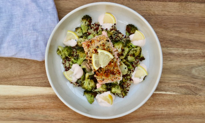 Panko and sesame salmon with roasted broccoli and quinoa