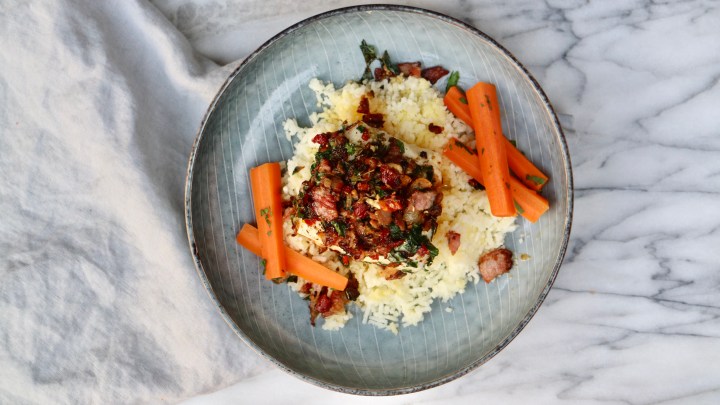 Oven-Streamed Cod with bacon, sun-dried tomatoes, parsley, pressed potatoes, caramelized butter and vegetables
