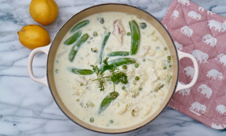 Fish stew with vegetables,  lemon and dill